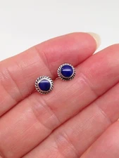 Blue Lapis Stud Earrings Round 925 Sterling Silver Small Studs 6.5mm/4.5mm Round