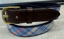 VINEYARD VINES - Blue Plaid Brown Leather Canvas Belt - Size 28