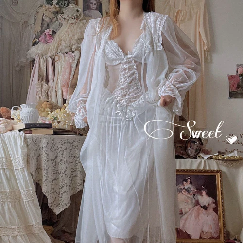 Mujeres Princesa Francesa Ropa de Dormir Blanco EncajeHada Vestido de Noche Camisón Victoriano - Imagen 1 de 15