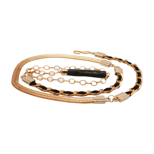 Women Black Tassel Skinny Narrow Strap Classic Belt Gold Metal Chain Links M L - Picture 18 of 24