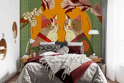 3D Floral Cat Round Figure Self-adhesive Removeable Wallpaper Wall Mural 3810