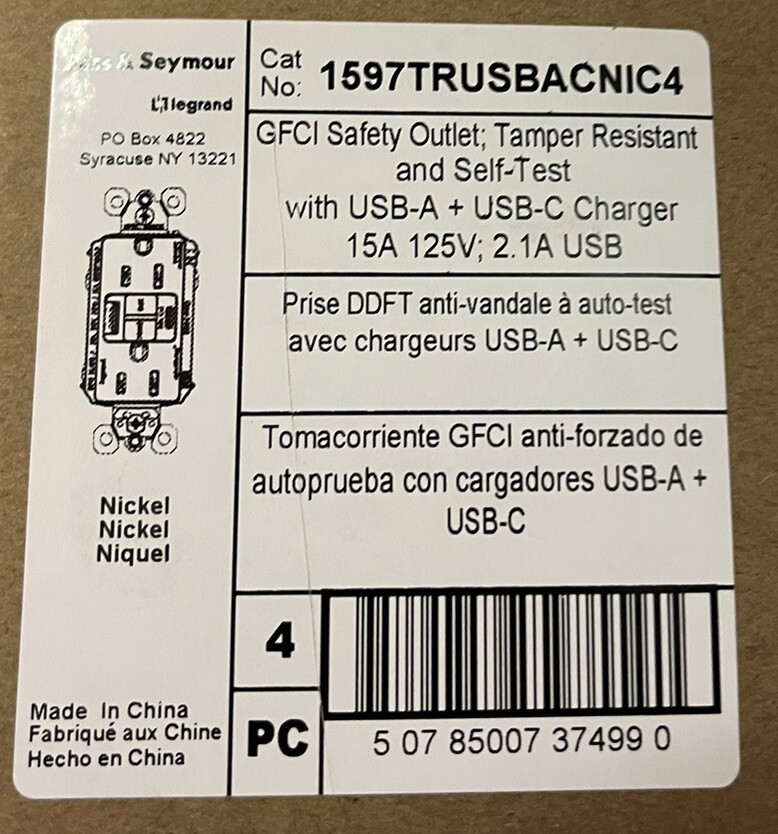 4 Of Radiant 15 Amp 125-Volt TR Self-Test GFCI Duplex Outlet Type A/C USB Nickel