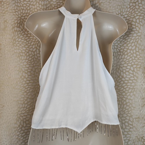 Zara Womens White Halter Neck Style Crop Top Diamonte Fringe Size Medium - Picture 3 of 12