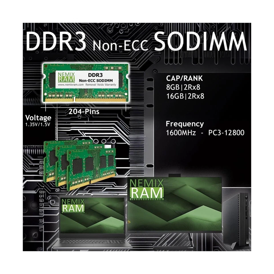 NEMIX RAM 32GB (2X16GB) DDR3 1600MHZ PC3-12800 2Rx8 1.35V 204-PIN Non-ECC SOD... - Image 2 of 4
