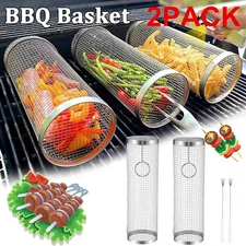 2 Pack Rolling Grilling Basket Stainless Steel For BBQ Grill Outdoor Tools US