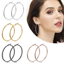 Gold Rose Gold Black Silver Stainless Steel Simple Round Hoop Earrings 10mm-70mm
