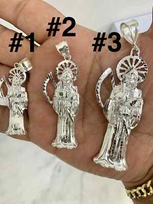 925 Sterling Silver Santa Muerte Solid Silver Medal Pendant Charm Grim Reaper