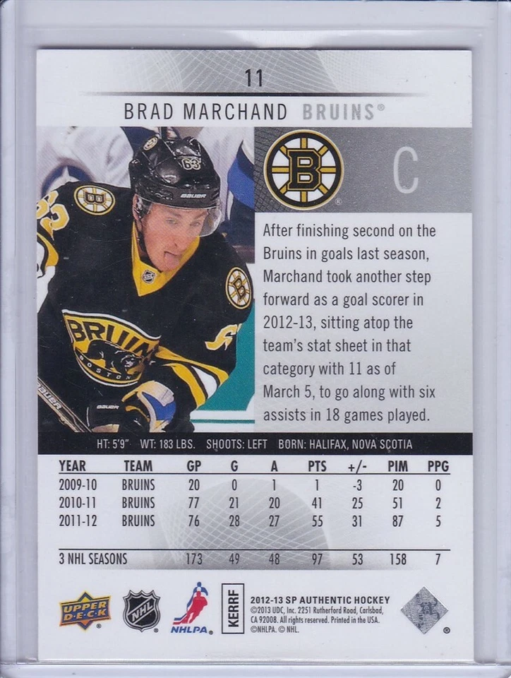 Brad Marchand 2012 SP Authentic Hockey Card 11 - Image 2 of 2