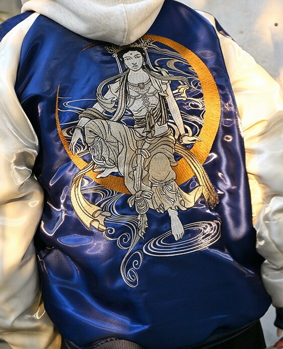 Mens Japanese Pattern Embroidery Guanyin Bodhisattva Souvenir