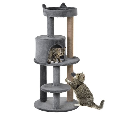 PawHut 4-stufig 104 cm Katzenbaum mit Kratzbäumen Sitzstangen hängender Ball, grau