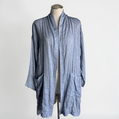 Eileen Fisher Crinkle Gauze Kimono Coat Size S/M Blue Chambray Organic Cotton