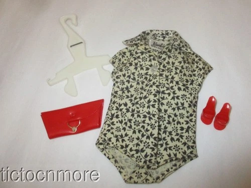 VINTAGE BARBIE DOLL CLOTHES FASHION PAK BLACK WHITE FLORAL BLOUSE RED PURSE HEEL