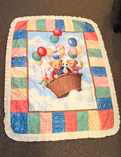 Quilted Crib Quilt Blanket, Multicolor Teddy Bear Hot Air Balloon Design