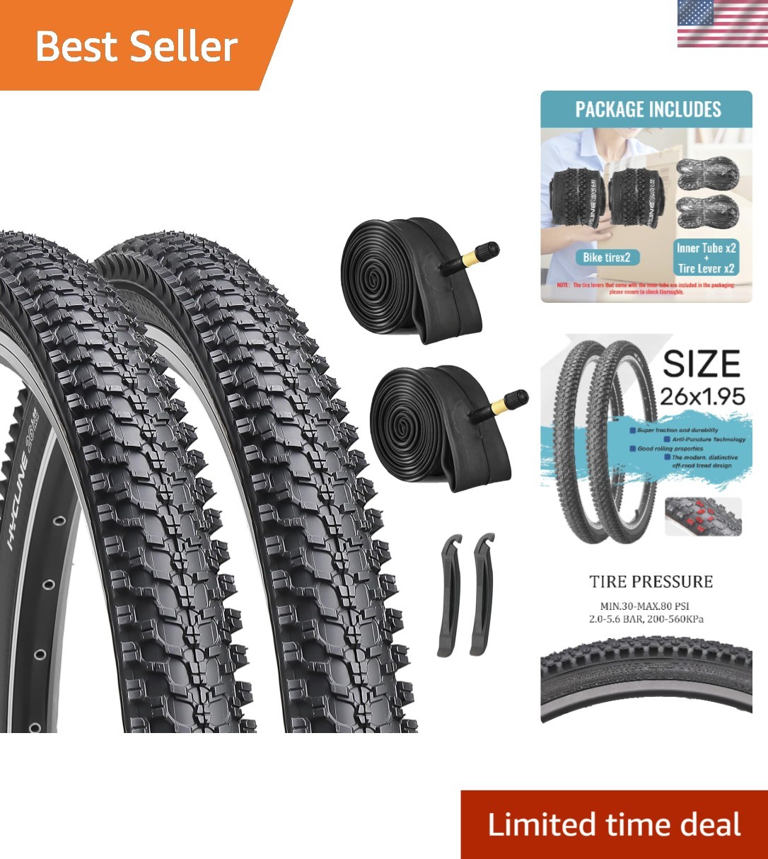 26-Inch Mountain Bike Tires: Knobby Tread for Enhanced Grip & Traction