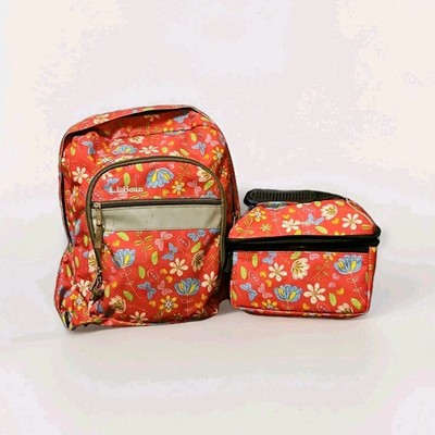 L.L.Bean Kids Backpack and Insulated Lunch Bag Pink Multicolor Floral Zipper