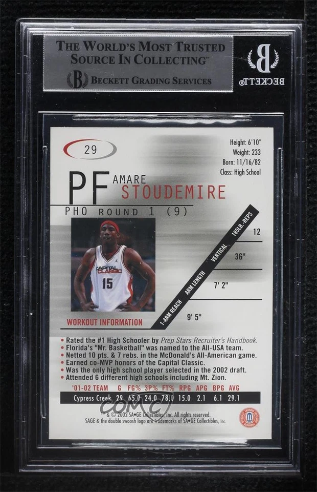 2002 Sage /2900 Amare Stoudemire Amar'e Stoudemire #29 BGS 8.5 Rookie RC - Image 2 of 2