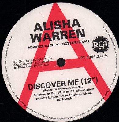 Alisha Warren Discover Me 12'' vinyl UK Rca 1990 promo PT43492DJ