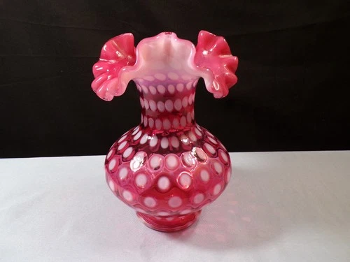 Vintage Fenton Cranberry Opalescent Glass POLKA DOT  Vase 6 7/8" Tall  INV2