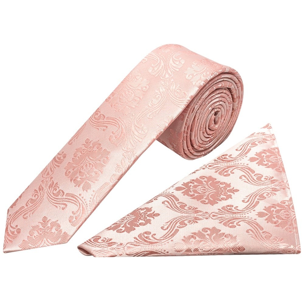 Rose Quartz Paisley Skinny Men's Tie and Pocket Square Set Wedding Tie Slim Tie