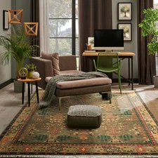 LoomBloom Multi Size Green Hand Knotted Arts & Crafts Donegal  Wool Area Rug