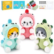 Crochet Kit for Beginners - 3 PCS Dinosaur Cat Crochet Kits with Step-by-Step...