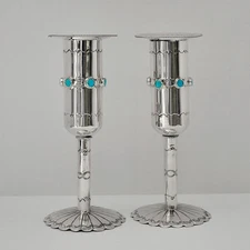 NAVAJO-STERLING SILVER & TURQUOISE CANDLESTICK HOLDERS by JEFFREY CASTILLO