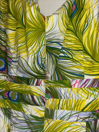 NANETTE LEPORE Peacock Print Cotton Dress Sz 12 Pink Green Multi Lined Pleated - Picture 7 of 14