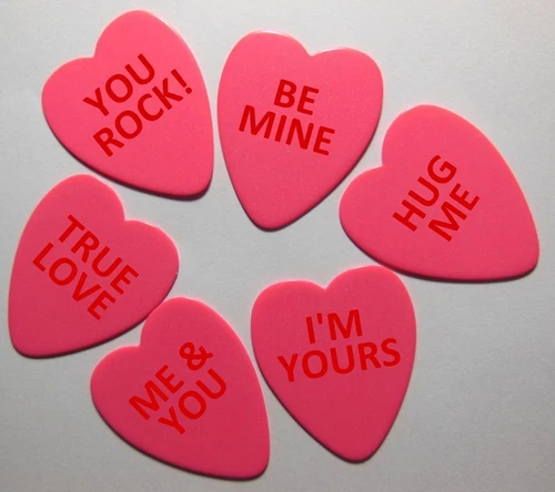 12 pics Valentines Heart Shaped Guitar Picks .71mm Celluloid Medium Printed Pics