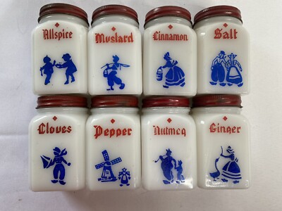 8 Vintage Hazel Atlas Milk Glass Spice Rack Red Blue Dutch & Wire Rack