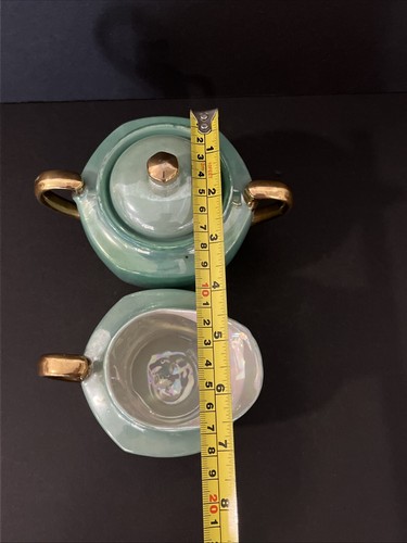 Vintage Beautiful Lusterware green cream sugar set lid gold trim Japan Elegant - Picture 14 of 15