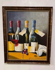 Vintage Still Life Painting - Bottles of Wine and Grapes - Framed Oil on Canvas