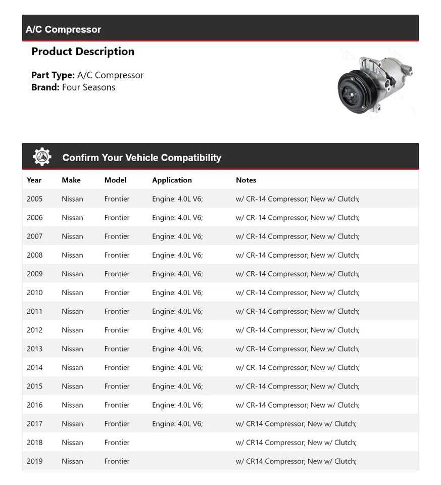 Compresor de aire acondicionado Nissan Frontier 2005-2019 4 estaciones 2006 2007 2008 2009 2010 Foto 2 de 4