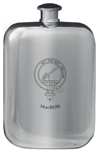 MacRob Family Crest Design Pocket Hip Flask 6oz Rounded Polished Pewter - Picture 1 of 1