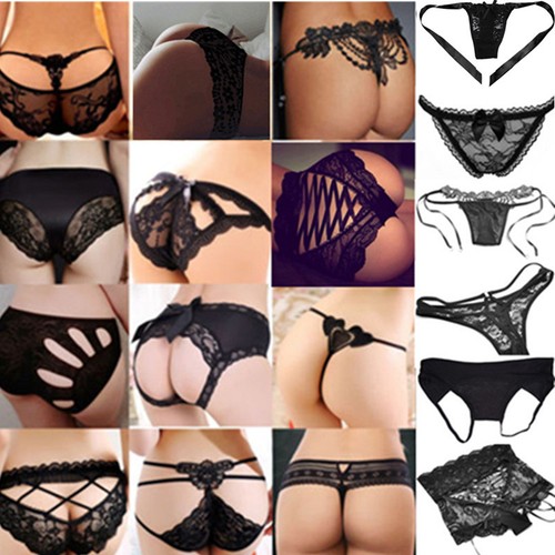 Women's black Lace Thongs G-string V-string Panties Knickers Lingerie Underwear - Photo 1 sur 110