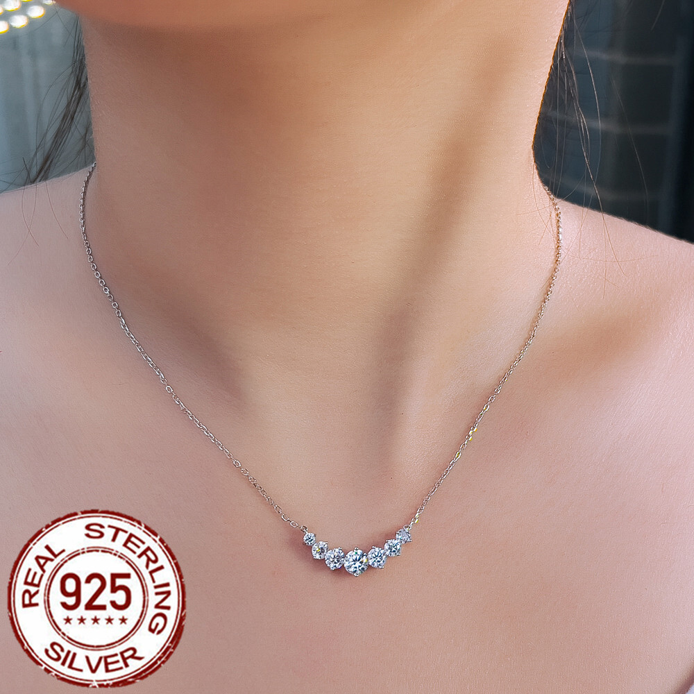Brilliant Round Cubic Zircon Pendant Necklace Sterling Silver Chain Lady Jewelry