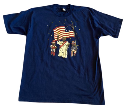 Vintage 90s Liberty Bear Flag Screen Stars Graphic T-Shirt Single Stitch Blue XL