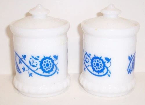 2 Vintage Hazel Atlas White Milk Glass Blue Sweet Pea Spice Apothecary Jar w/Lid