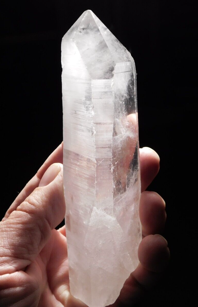 Long Semi-Translucent Lemurian Quartz Crystal with Stand from Brazil 321g
