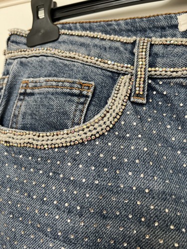 TopShop Blue Embellished Jeans W32 L28 12 14 Petite VGC Rhinestone Diamanté - Picture 3 of 8