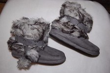 GIRLS SLIPPERS High Top GRAY Mock Suede Booties FAUX FUR Pom Poms STUDS L 2-3