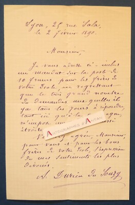   L.A.S 1890 A. DURIEU DU SOUZY written from Lyon 25 rue Sala - autograph letter