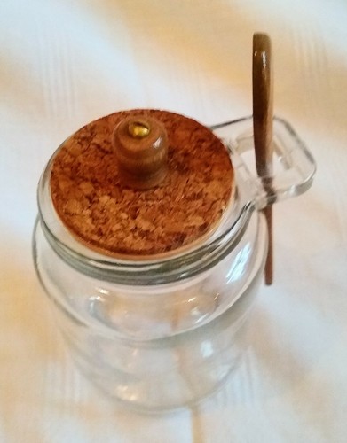 Glas, Korkdeckel, Holzknopf, Gummiband, Holzlöffel 4,5" x 3,0", $4,50 Versand - Bild 4 von 5