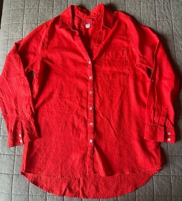Sigrid Olsen 100% Linen Button Down Womens Medium Tunic Red Roll Tab Sleeves
