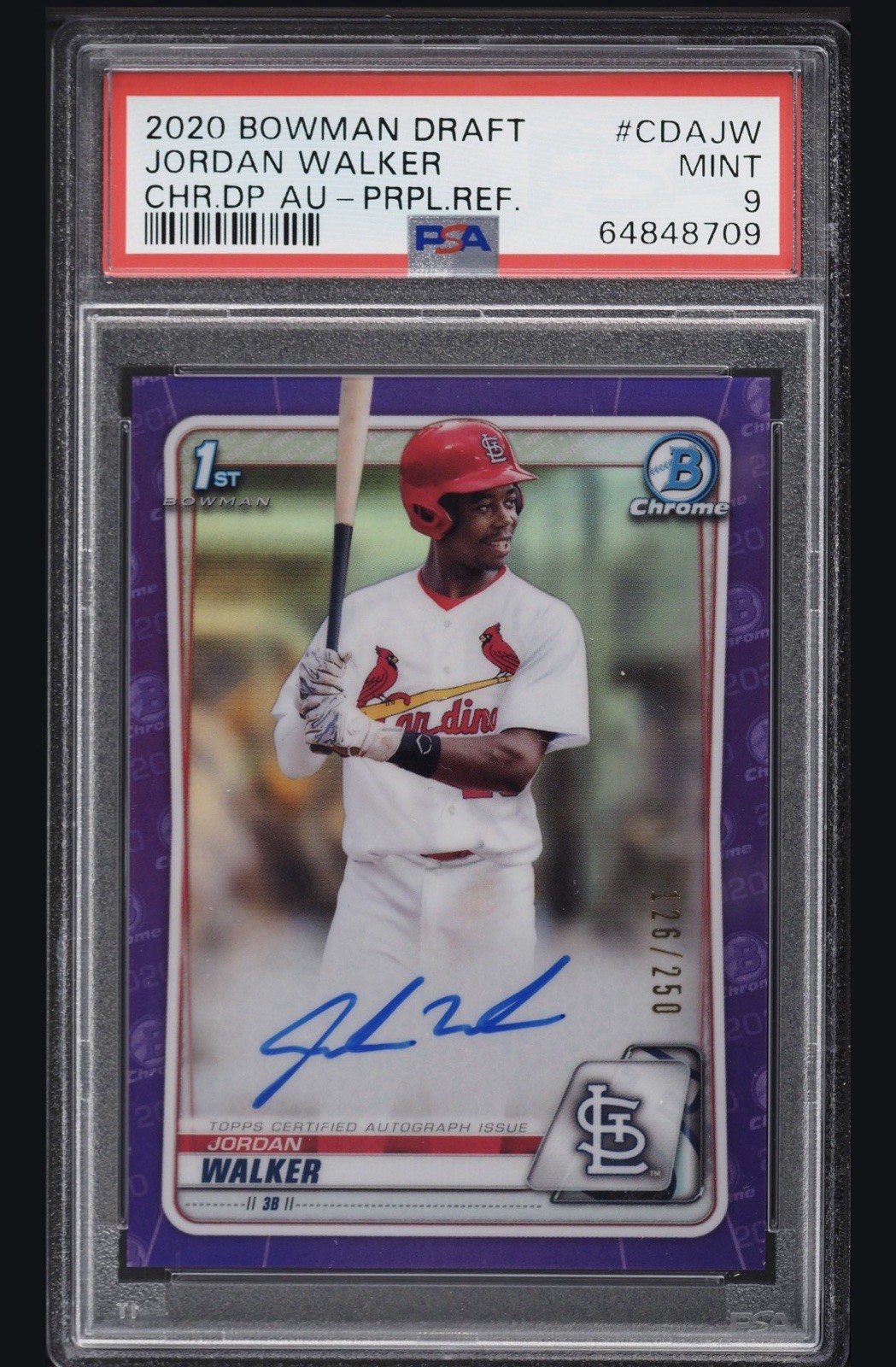 Jordan Walker 2020 Bowman Draft Chrome Purple Refractor Auto /250 PSA 9