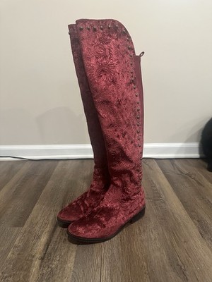 VERY VOLATILE Red Velvet Over the Knee Boots Studded Embroidered Zip Women's 9