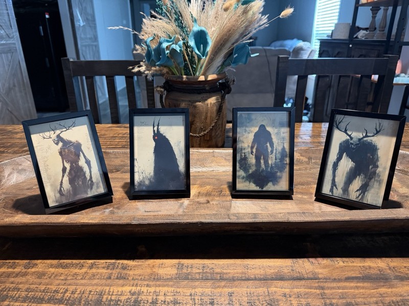 Set of 4 Black 5x7 Gothic Wendigo Glass Photo Frames, Free Standing