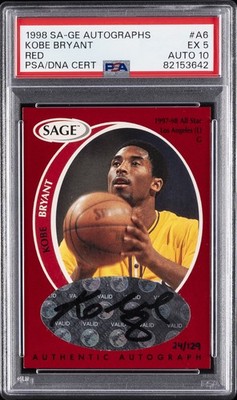 1998 SA-GE AUTOGRAPHED RED #A6 KOBE BRYANT 24/129 PSA 5 AUTO 10