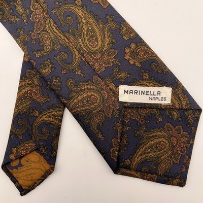 Vtg. E. Marinella Slate Blue Paisley Mustard Gold Silk Tie Naples Sprezzatura