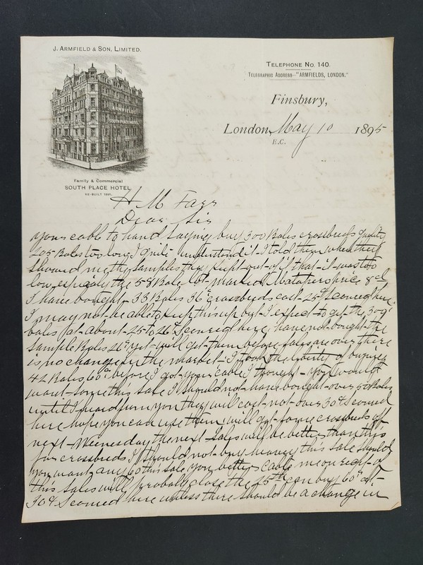 1895 antique SOUTH PLACE HOTEL london england LETTERHEAD wool trade FARR ALPACA