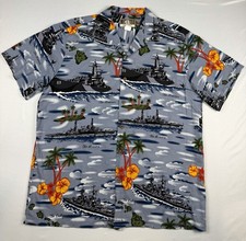 Kalaheo Hawaii Battleship Aloha Shirt Men’s L Blue Hawaiian Camp USA Made Rayon